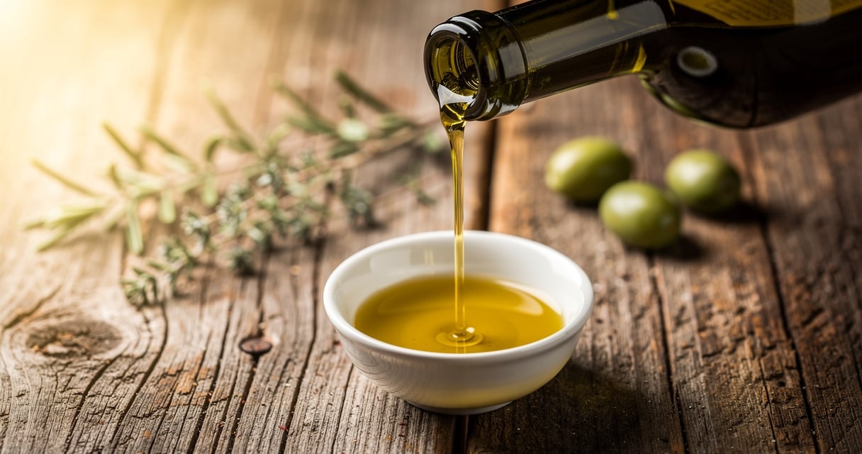 Huile d'olive extra vierge versée dans un bol de dégustation sur une table rustique