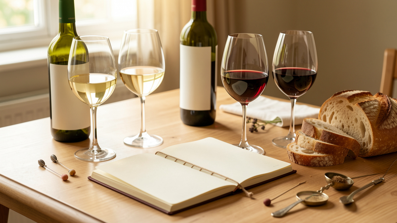 Table de dégustation élégante éclairée avec quatre verres de vin blanc et rouge, un carnet ouvert aux pages vierges et du pain artisanal.