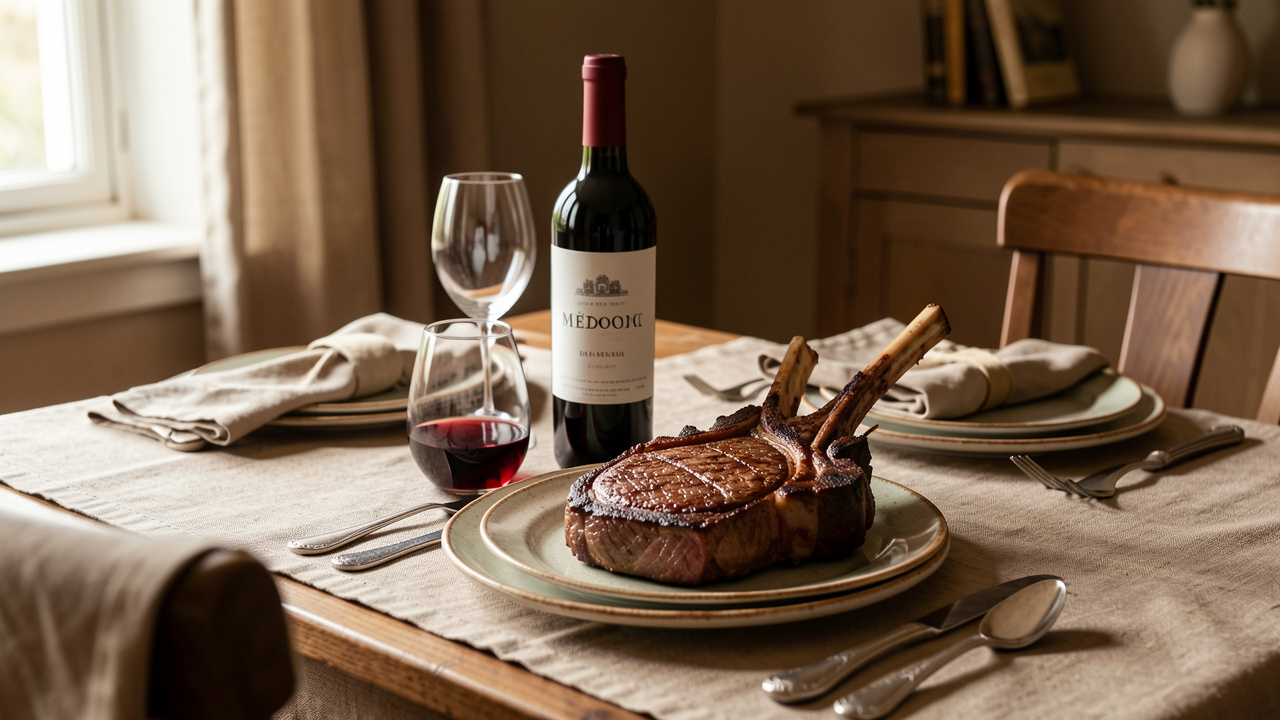 Table de repas élégante avec une bouteille de vin rouge du Médoc sans étiquette, un verre de dégustation et une côte de bœuf rôtie, éclairée par une lumière naturelle.