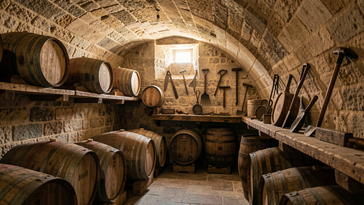 Caves historiques voûtées en pierre à Paris, avec d’anciens tonneaux et des outils de vigneron éclairés par une lumière douce.