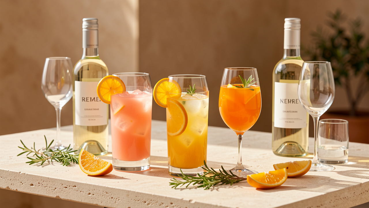 Table d’apéritif contemporaine avec trois cocktails sans alcool colorés, agrumes, herbes fraîches et bouteilles élégantes sans étiquette lisible, éclairée par la lumière naturelle.