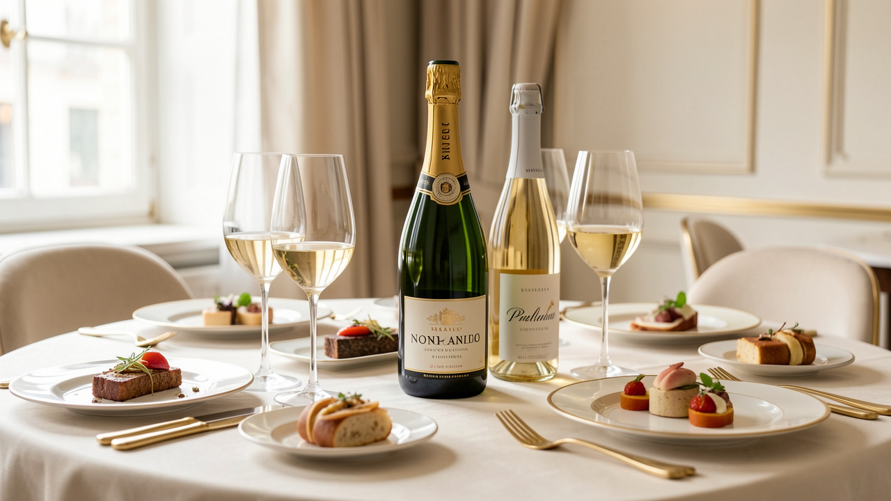 Table de dégustation lumineuse à Reims avec bouteille de champagne, boisson effervescente sans alcool, verres tulipe et petites assiettes gastronomiques.