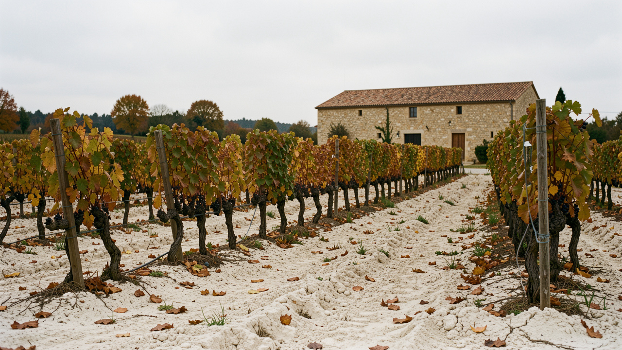 Vignoble de Cognac en automne avec des rangs de vignes partiellement arrachés, un sol charentais clair et un chai traditionnel en arrière-plan sous une lumière douce.
