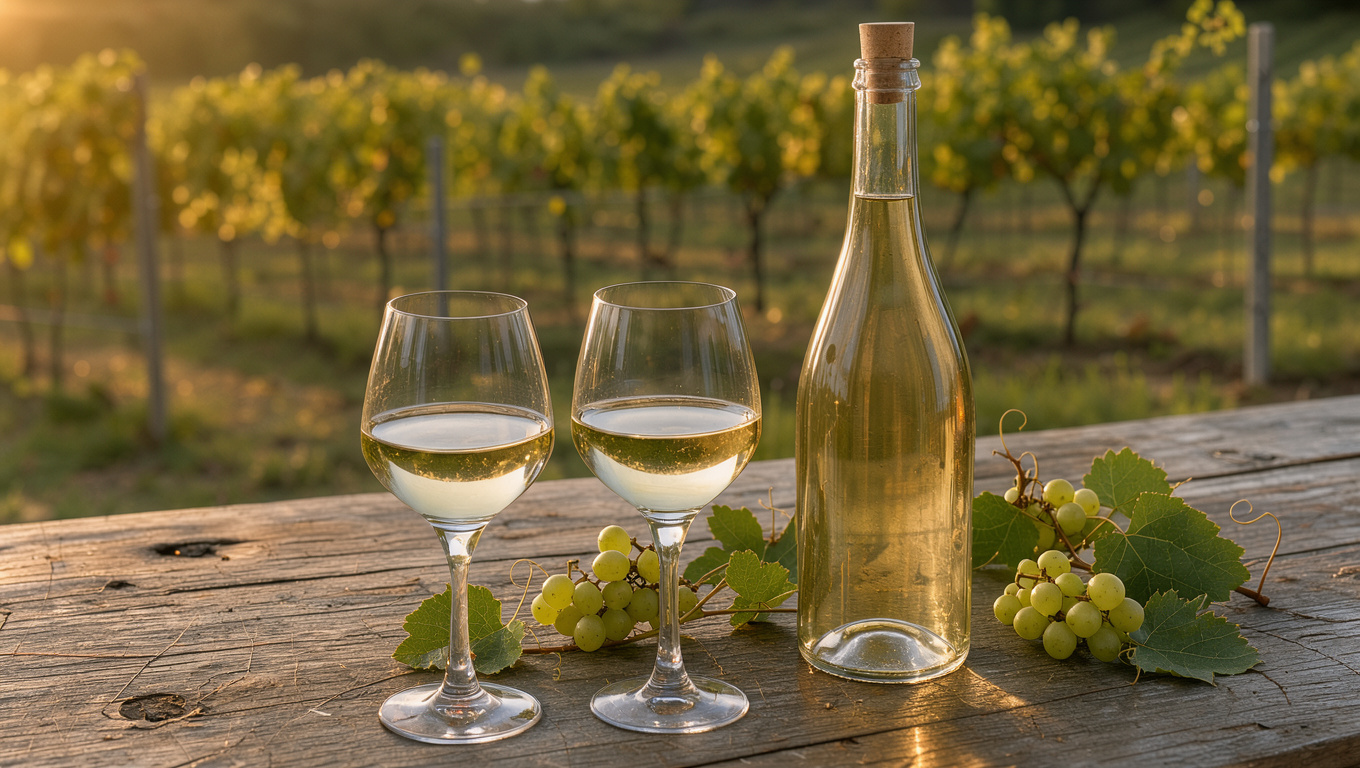 Bouteille de vin sans alcool et deux verres posés sur une table en bois, avec un vignoble de Riesling éclairé par une douce lumière de fin d’après-midi en arrière-plan.