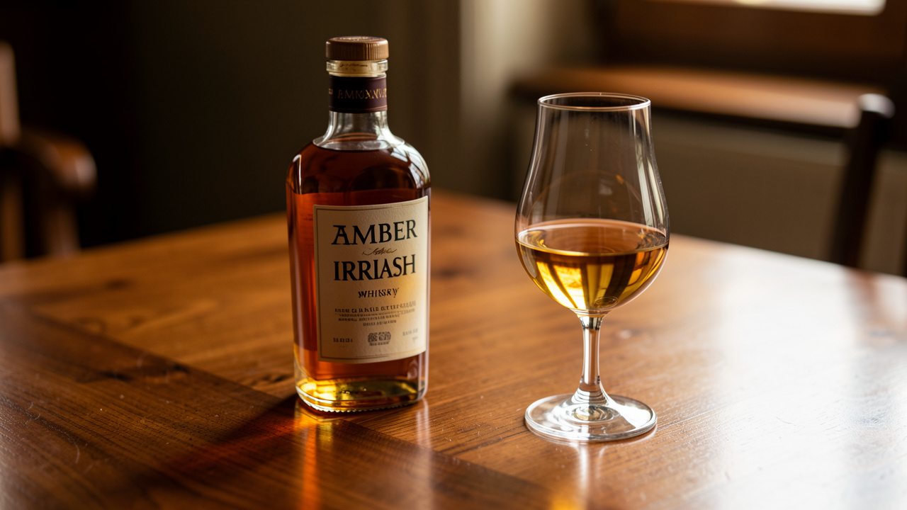 Bouteille de whiskey irlandais ambré et verre tulipe rempli posés sur une table en bois dans une lumière chaude et douce.
