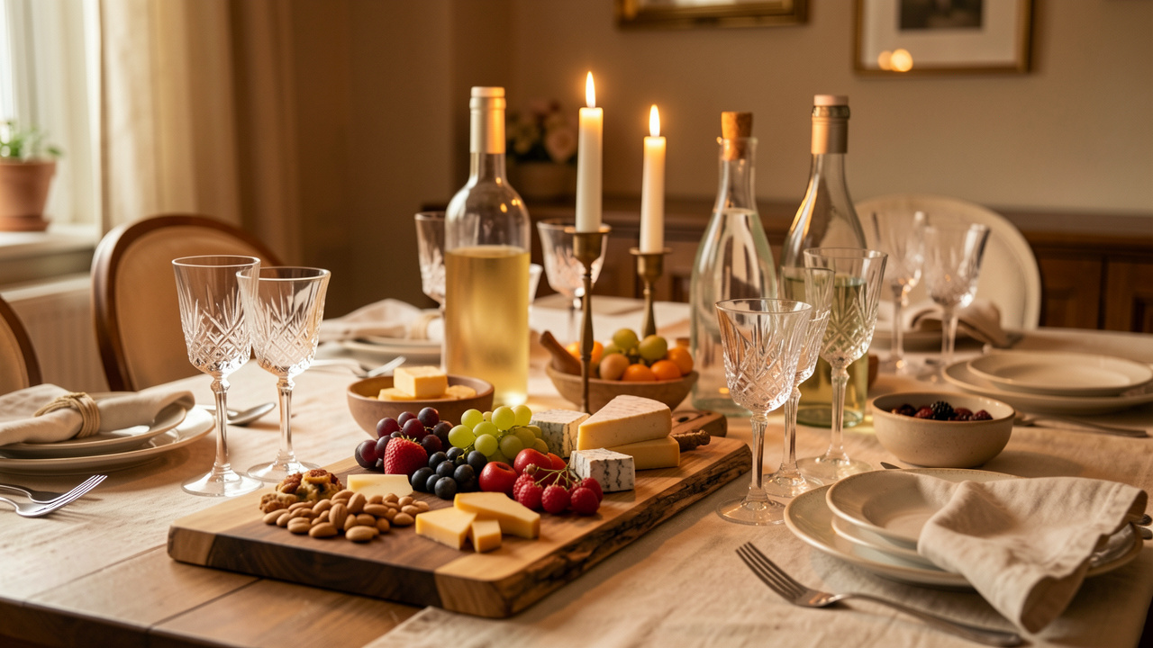 Table d’apéritif élégante à domicile avec verres, planches gourmandes, bouteilles sans étiquette et lumière chaleureuse.